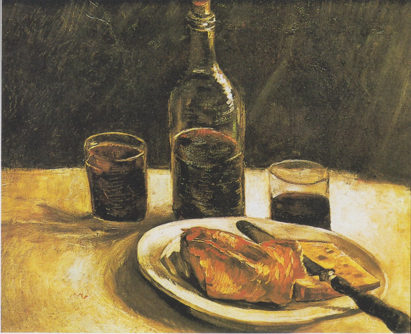 Stilleben med flaske, to glas, ost og brød - Vincent van Gogh