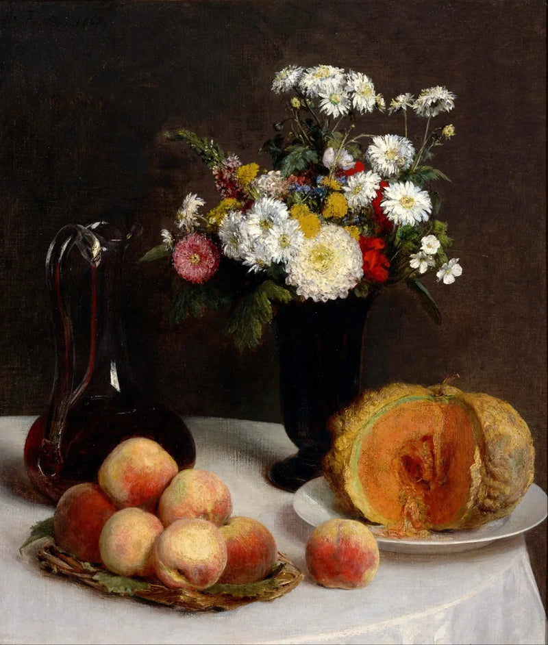 Stillleben med karaffel, blomster og frugt - Henri Fantin-Latour