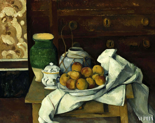 Dødt natur ved kommoden - Paul Cézanne - Reproduktioner af malerier og højkvalitets malerier