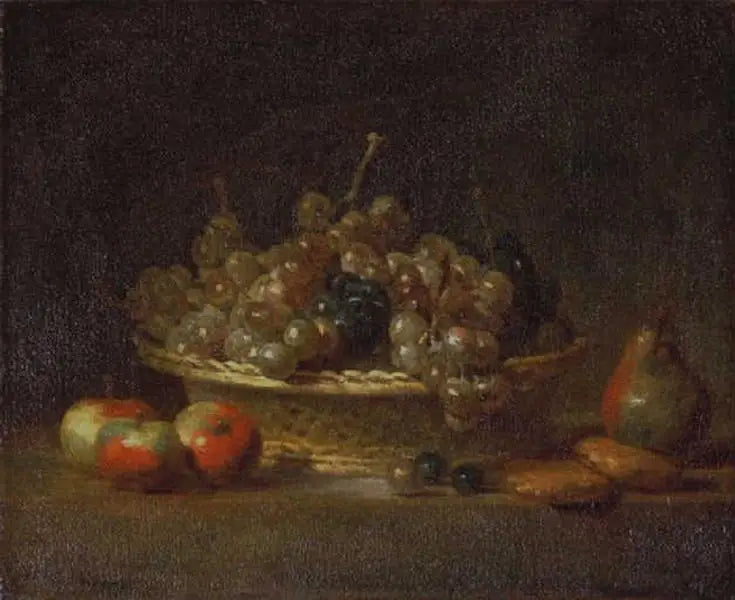 Stillleben med en kurv med rosiner, tre æbler, en pære og to marcipaner - Jean Siméon Chardin