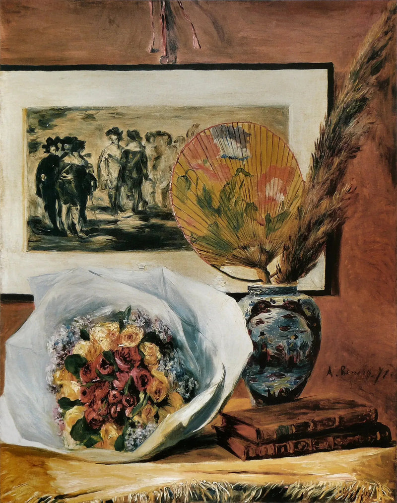 Stilleben med buket og vifte - Pierre-Auguste Renoir