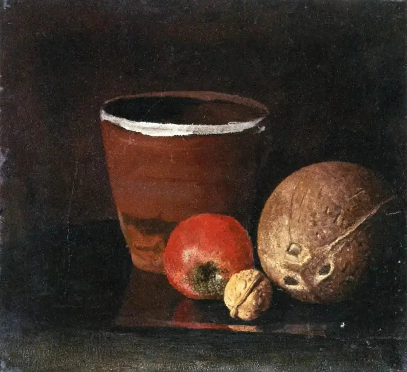 Stilleben med krukke, æble, valnød og kokosnød - Edvard Munch