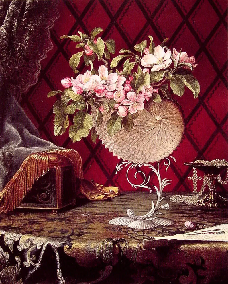 Natscene med æbleblomster i en nautilusskalle - Martin Johnson Heade