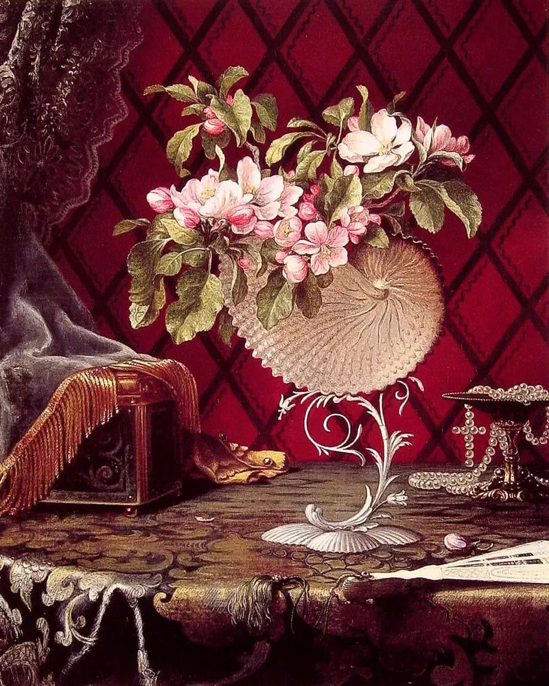 Natscene med æbleblomster i en nautilusskalle - Martin Johnson Heade