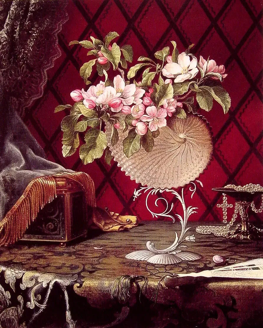 Natscene med æbleblomster i en nautilusskalle - Martin Johnson Heade