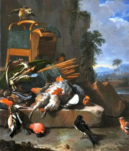 Død natur med fugle (Jagtudstyr). - Melchior de Hondecoeter