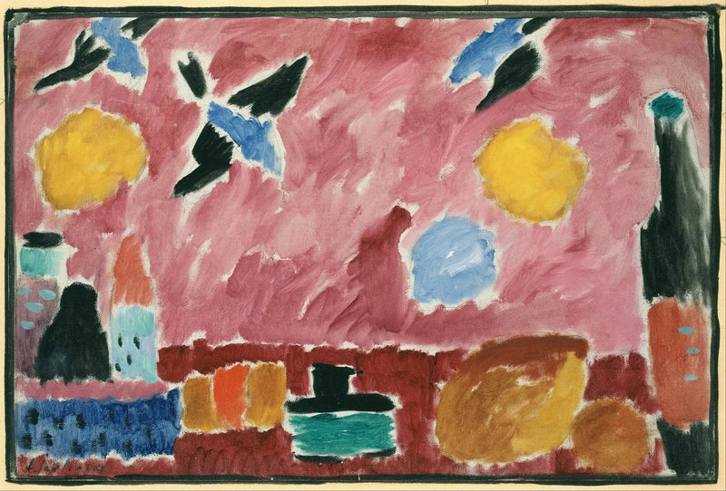 Dødsfald med flaske, brød og rødt tapet med svaler - Alexej von Jawlensky