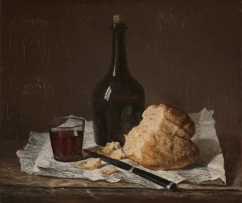 Stillleben med flaske, glas og brød - Jean Siméon Chardin