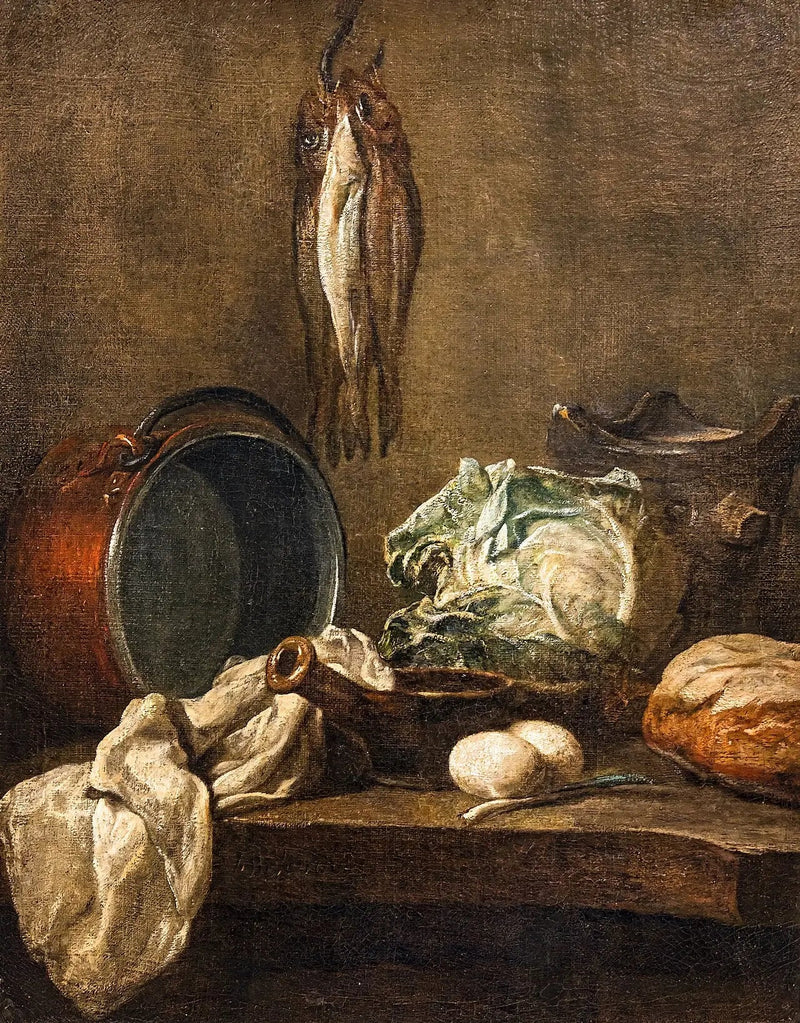 Stillleben mit Kessel, Bratpfanne, Ofen, Küchentuch, Kohl, zwei Eier, Lauch, Brot und drei Heringe - Jean Siméon Chardin