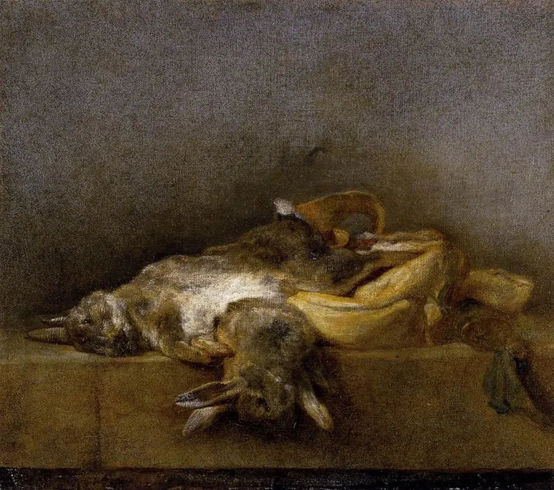 Dødsfald med to kaniner, en jagttaske og en puddersvamp - Jean Siméon Chardin