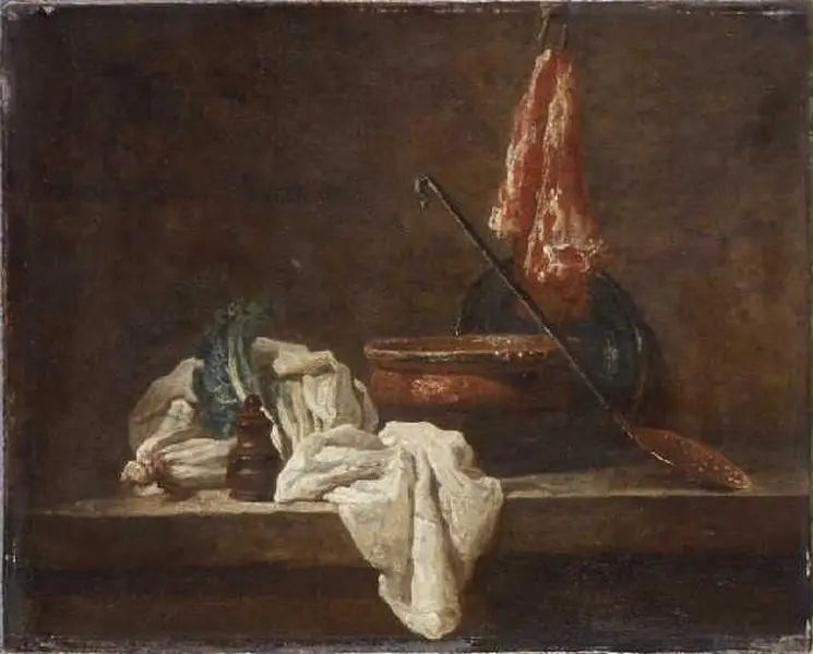 Dødsfald med to stængler selleri, krydderiboks, karklud, terrin, fad, skummer og stykke kød - Jean Siméon Chardin
