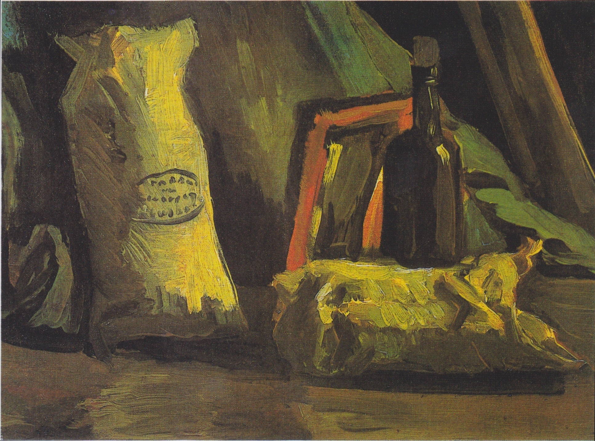 Reproduction du tableau « Nature morte avec deux sacs et une bouteille - Vincent van Gogh » par Alpha Reproduction en peinture à l’huile