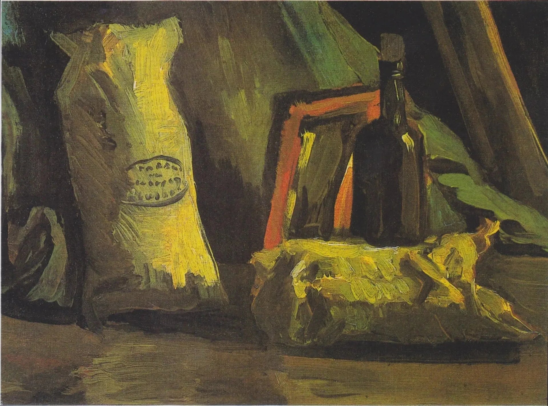 Nature morte avec deux sacs et une bouteille - Vincent van Gogh image 1 copie de tableau peinte à la main