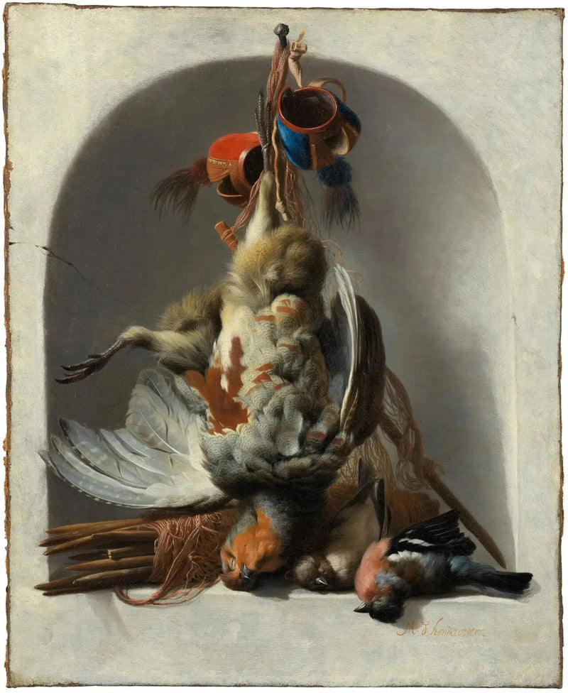 Stillleben med fugle og jagtudstyr i en niche - Melchior de Hondecoeter