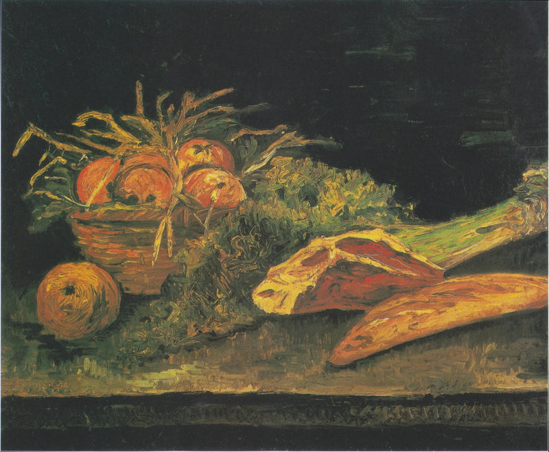 Stilleben med kurv af æbler, kød og små brød - Vincent van Gogh