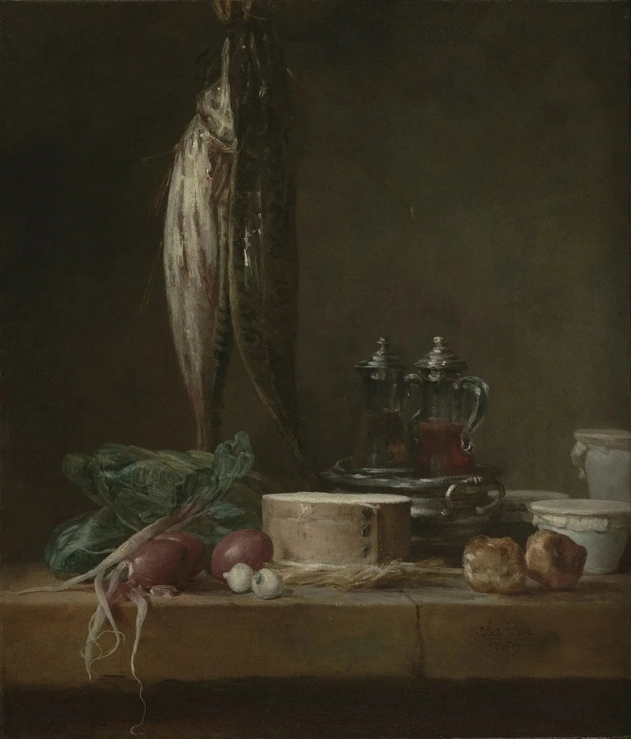 Stillleben mit Fischen, Gemüse, Gougères, Töpfen und Büretten auf einem Tisch - Jean Siméon Chardin