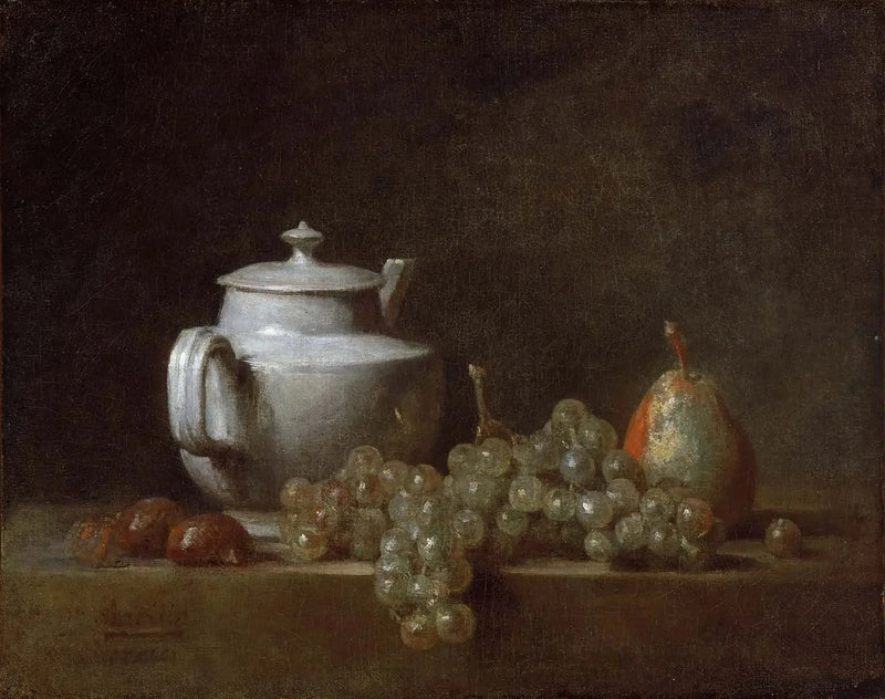 Natscene med en tekande, druer, kastanjer og en pære - Jean Siméon Chardin