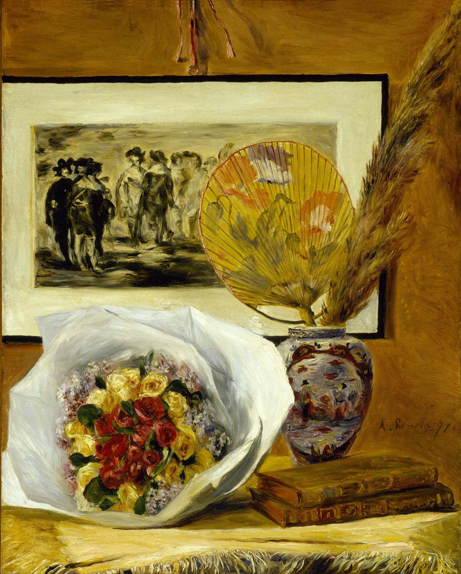 Stilleben med buket og vifte - Pierre-Auguste Renoir
