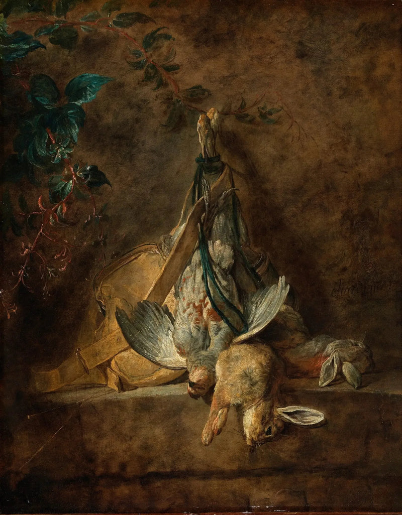 Stillleben: zwei Kaninchen, eine graue Rebhuhn, eine Jagdtasche und eine Pulverbirne - Jean Siméon Chardin