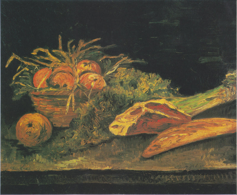 Stilleben med kurv af æbler, kød og små brød - Vincent van Gogh
