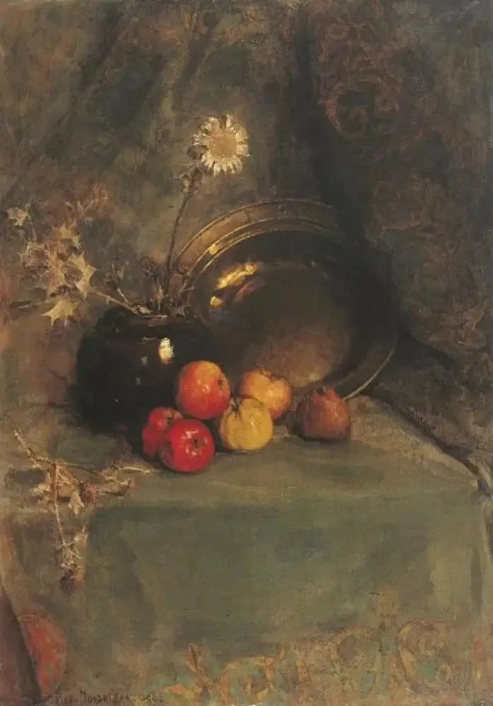Stilleben: æbler, blomsterkrukke og metalgryde - Piet Mondrian