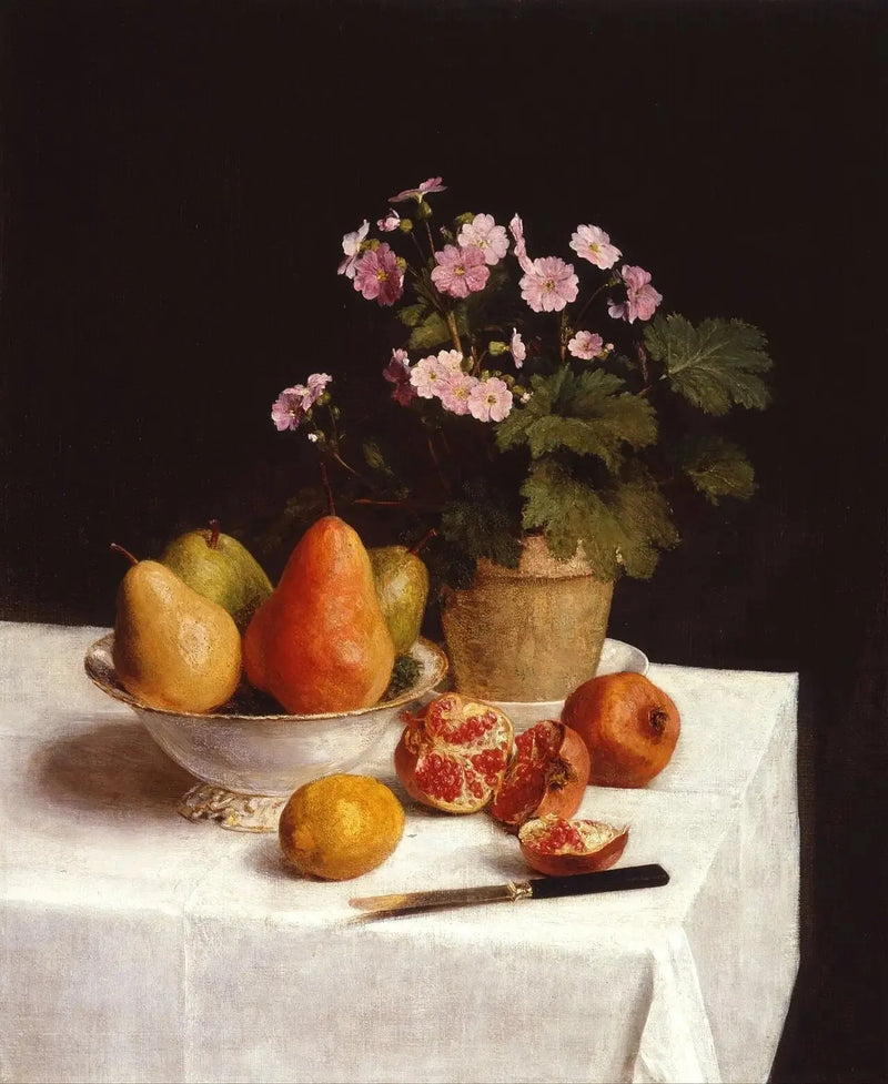 Stillleben (primulaer, pærer og granatæbler) - Henri Fantin-Latour