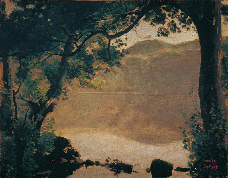 Nemi, søen set gennem træerne - Jean-Baptiste Camille Corot