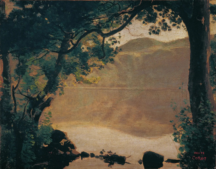 Nemi, søen set gennem træerne - Jean-Baptiste Camille Corot