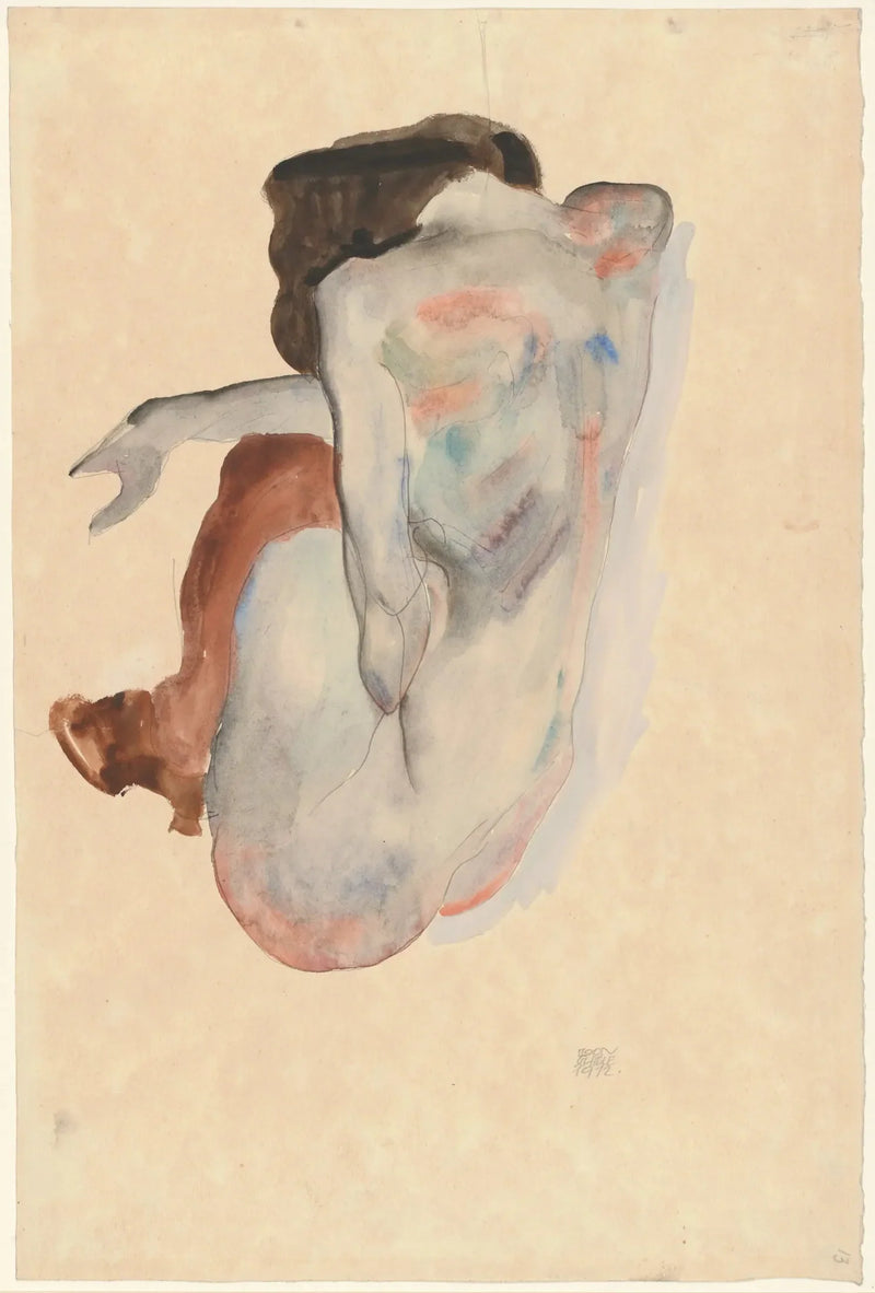 Nu crouched in shoes and black stockings, seen from behind - Egon Schiele