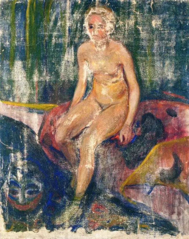 Nu siddende og Grotesk Maske - Edvard Munch