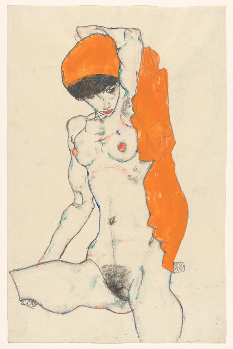 Nu stående med orange drapering - Egon Schiele