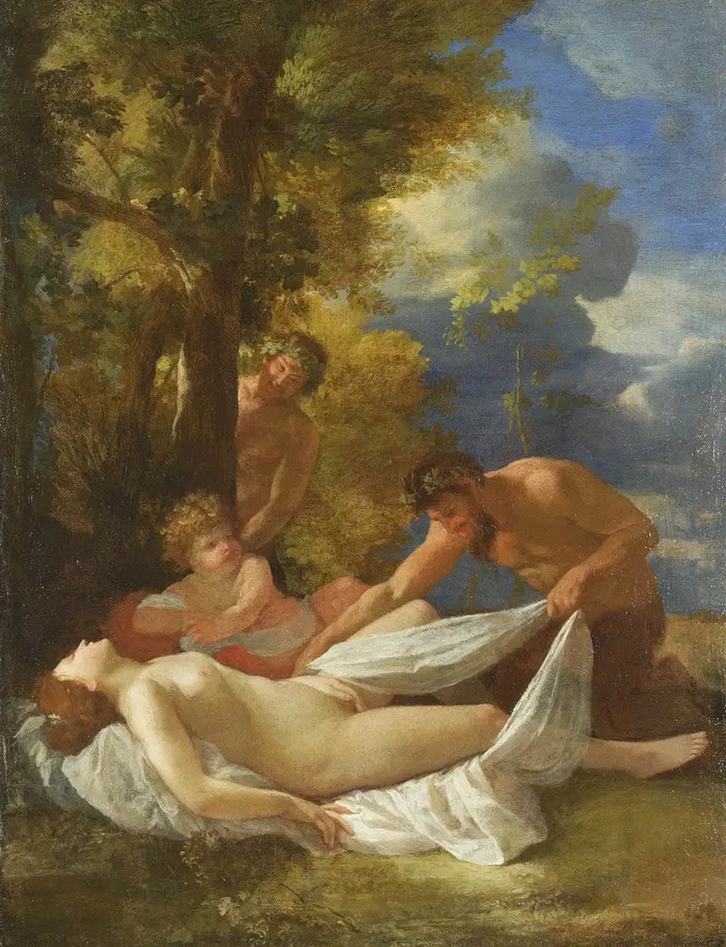 Nymfe sovende overrasket af satyrer - Nicolas Poussin