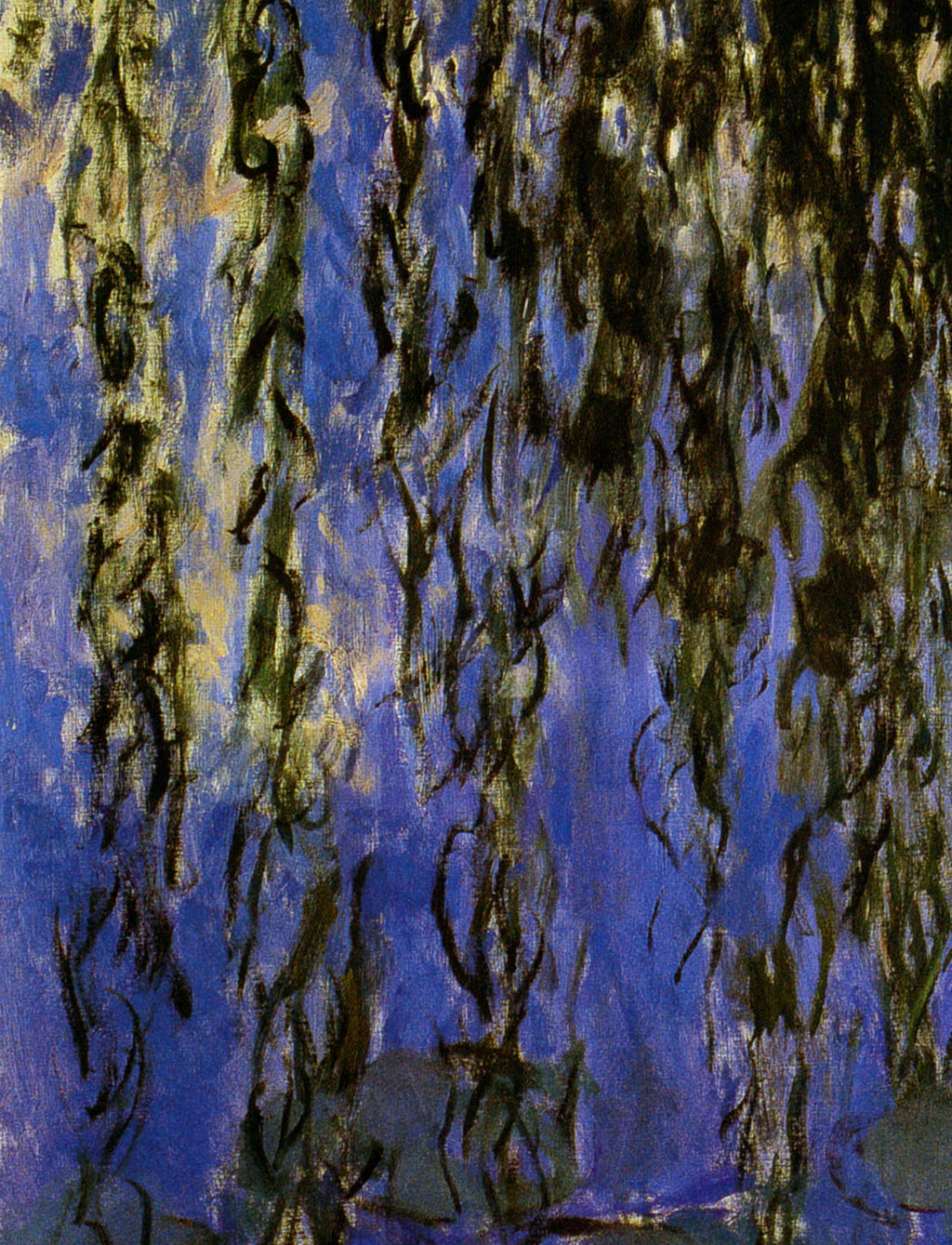 Détail des rameaux noirs et des nymphéas du côté gauche dans l’œuvre W1851 de Claude Monet