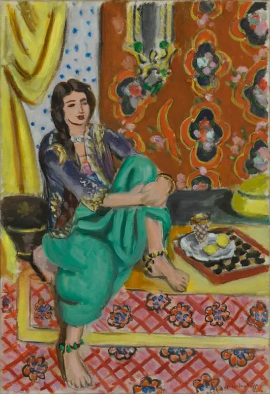 Sittende odalisque, venstre knæ bøjet, ornamentalt baggrund og ternet - Henri Matisse