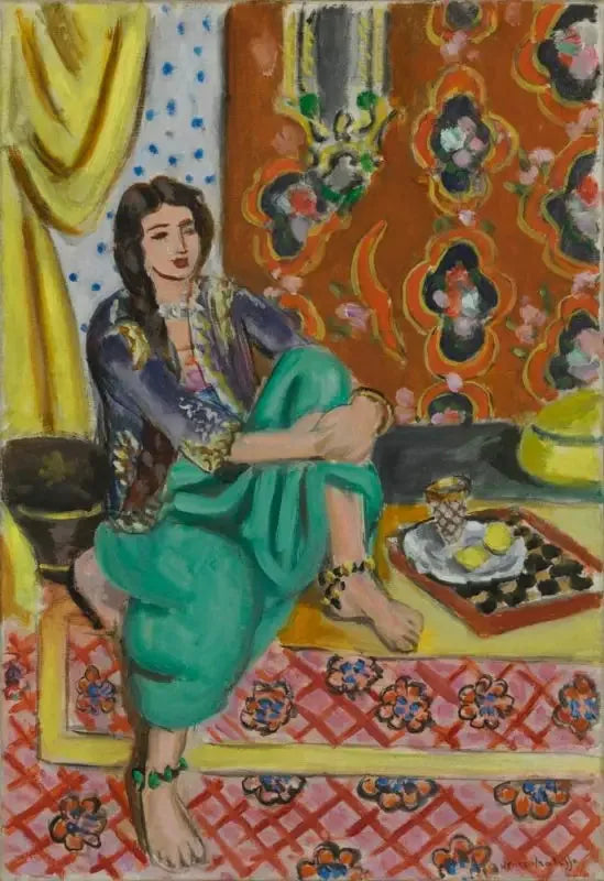 Sittende odalisque, venstre knæ bøjet, ornamentalt baggrund og ternet - Henri Matisse
