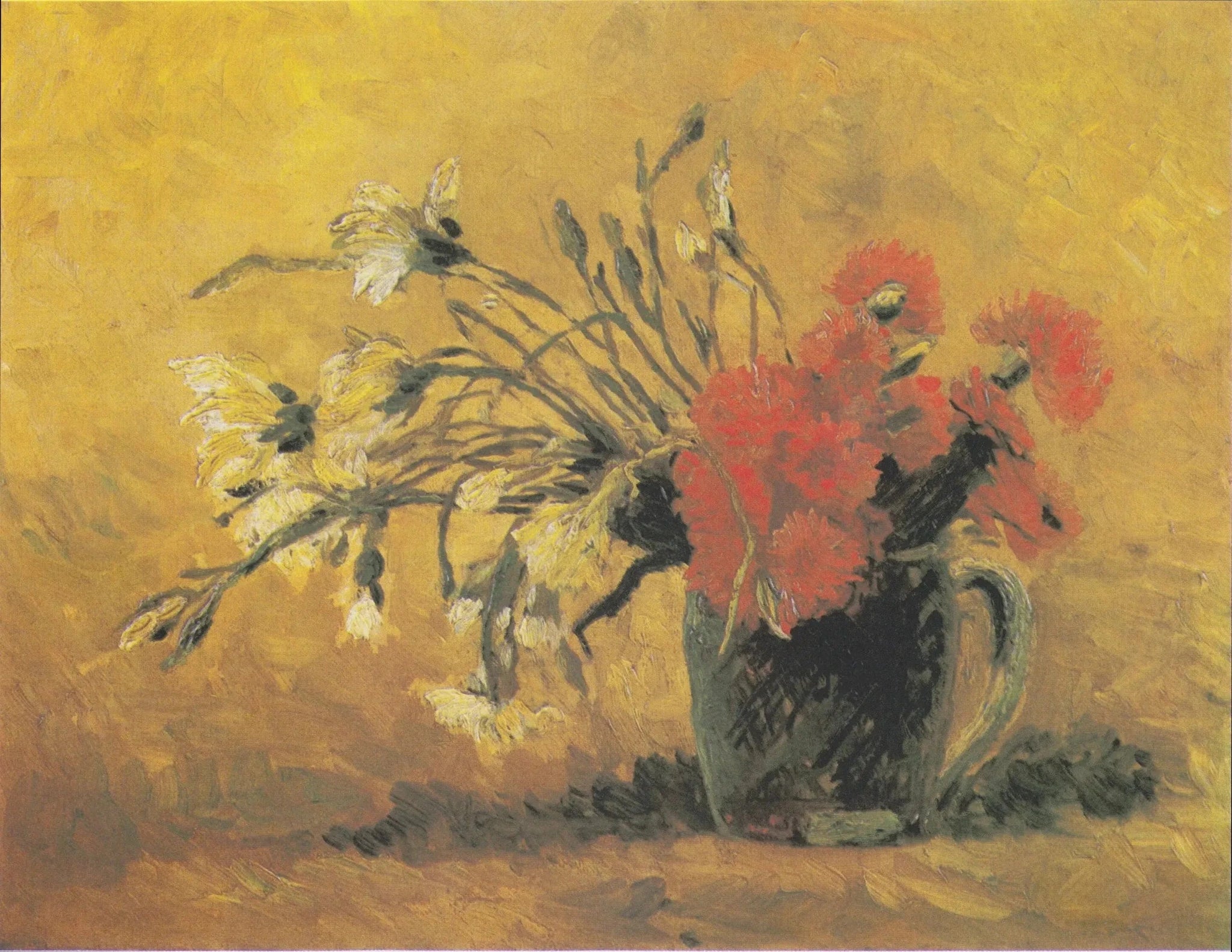 Œillets rouges et blancs — bouquet dans une cruche sombre sur fond ocre, œuvre anonyme du Kröller-Müller Museum