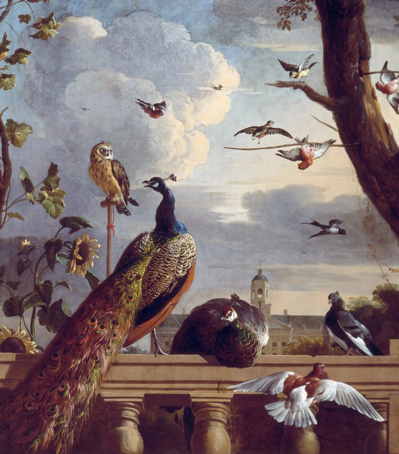 Fugle omkring en balustrade med Amsterdams rådhus i baggrunden, 1670 - Melchior de Hondecoeter