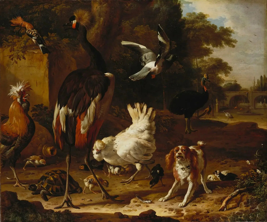 Fugle og engelsk settere i en have - Melchior de Hondecoeter