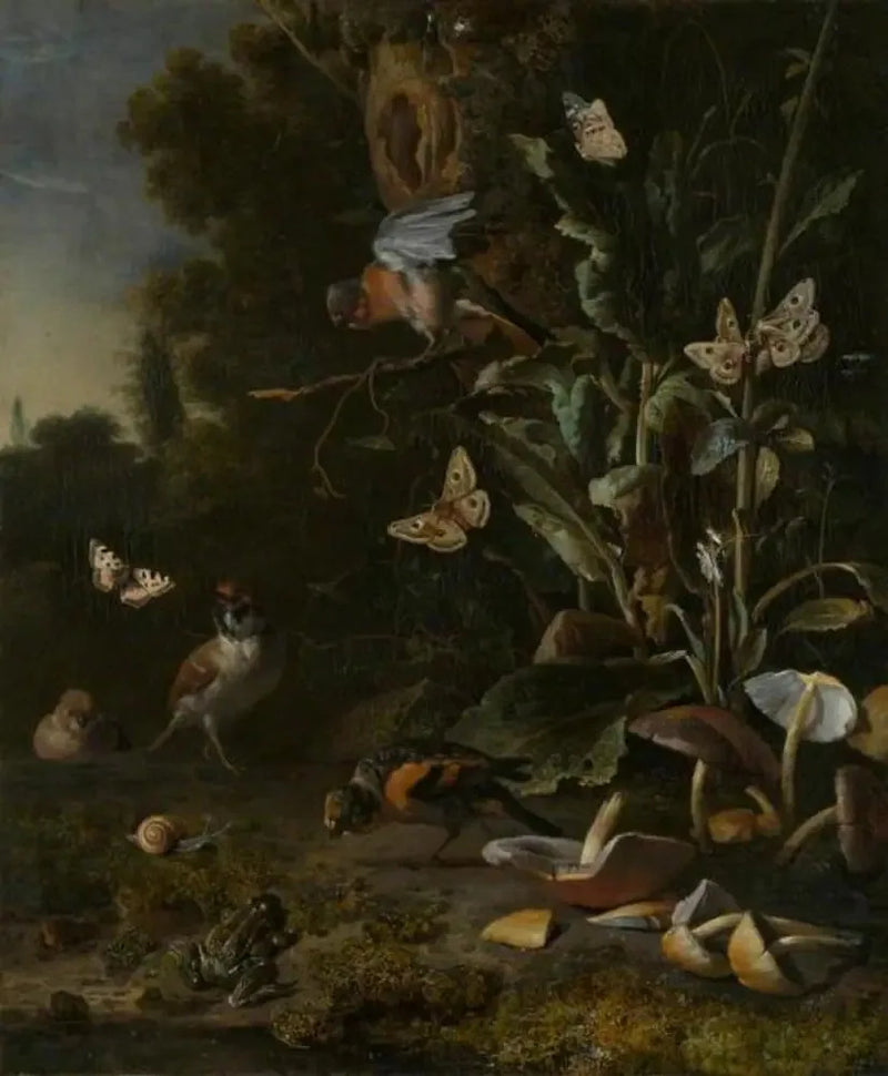 Fugle, sommerfugle og en frø blandt planter og svampe - Melchior de Hondecoeter