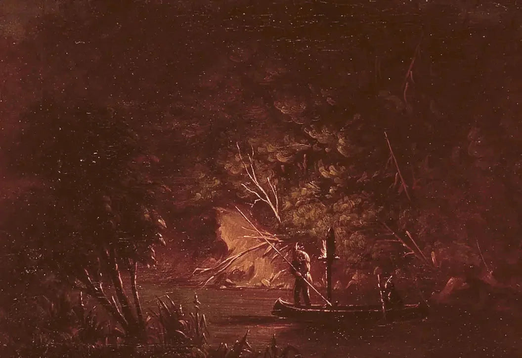Ojibwé harponnant le saumon à la lueur des torches - George Catlin image 1 reproduction de peinture à l’huile