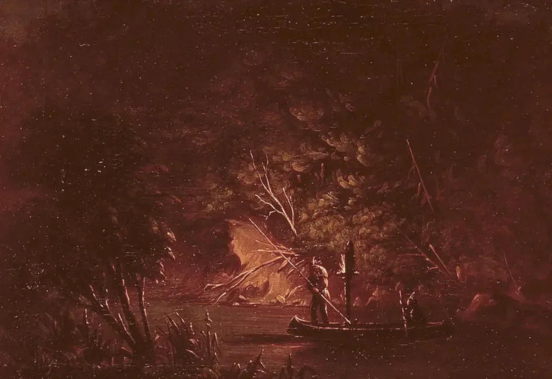 Ojibwé harpoonerer laksen ved lyset af fakler - George Catlin