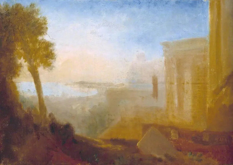 Udsigt over kysten med klassisk bygning - J. M. W. Turner