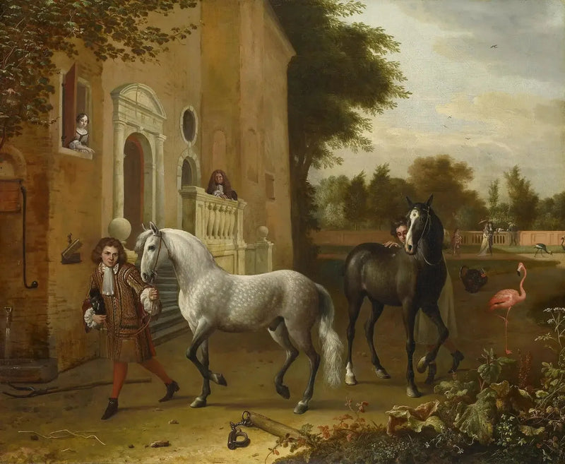 Hestepassere med heste, en grå og en mørkebrun, ved Nijenrode-slottet - Melchior de Hondecoeter