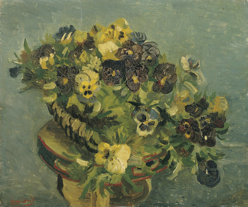 Kurv med stedmoderblomster på et lille bord - Vincent van Gogh
