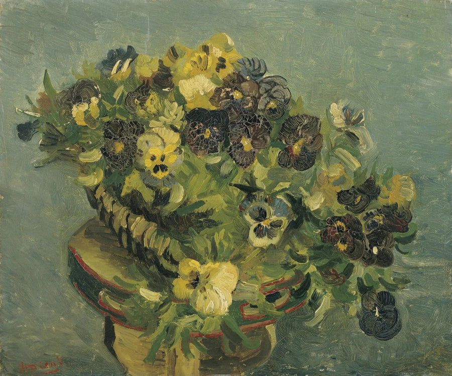 Kurv med stedmoderblomster på et lille bord - Vincent van Gogh
