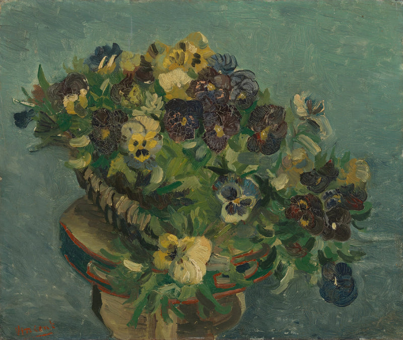 Kurv med stedmoderblomster på et lille bord - Vincent van Gogh