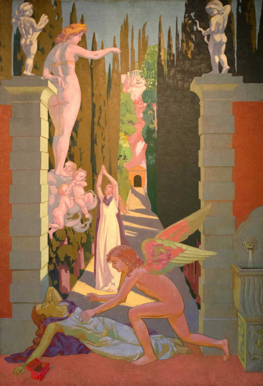 Panel IV. Underkastet Venus de de hårdeste prøvelser, Psyke, til sin ulykke, giver efter for sin nysgerrighed for anden gang: i denne nød bliver hun reddet af Kærligheden - Maurice Denis
