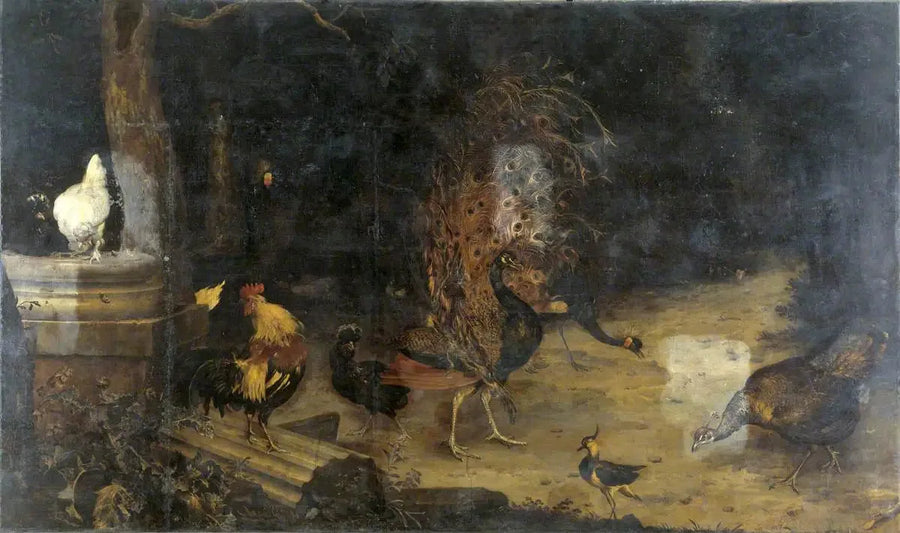 Hane og gribere i en skov - Melchior de Hondecoeter