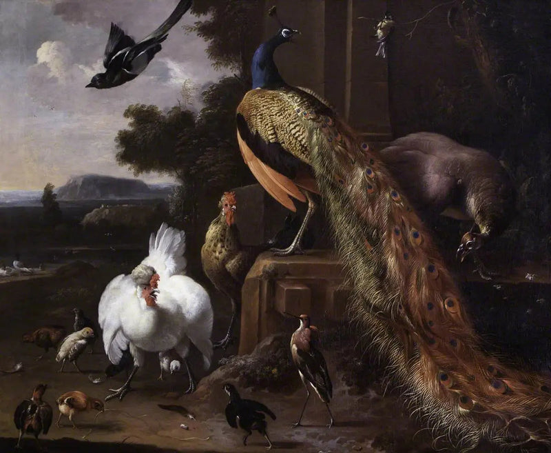Påfugle og gårdsfugle med en huen i et landskab - Melchior de Hondecoeter