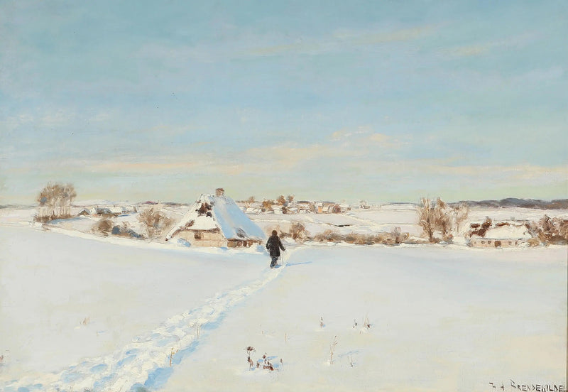 Par une belle journée d'hiver, un homme marche vers une ferme. - H. A. Brendekilde